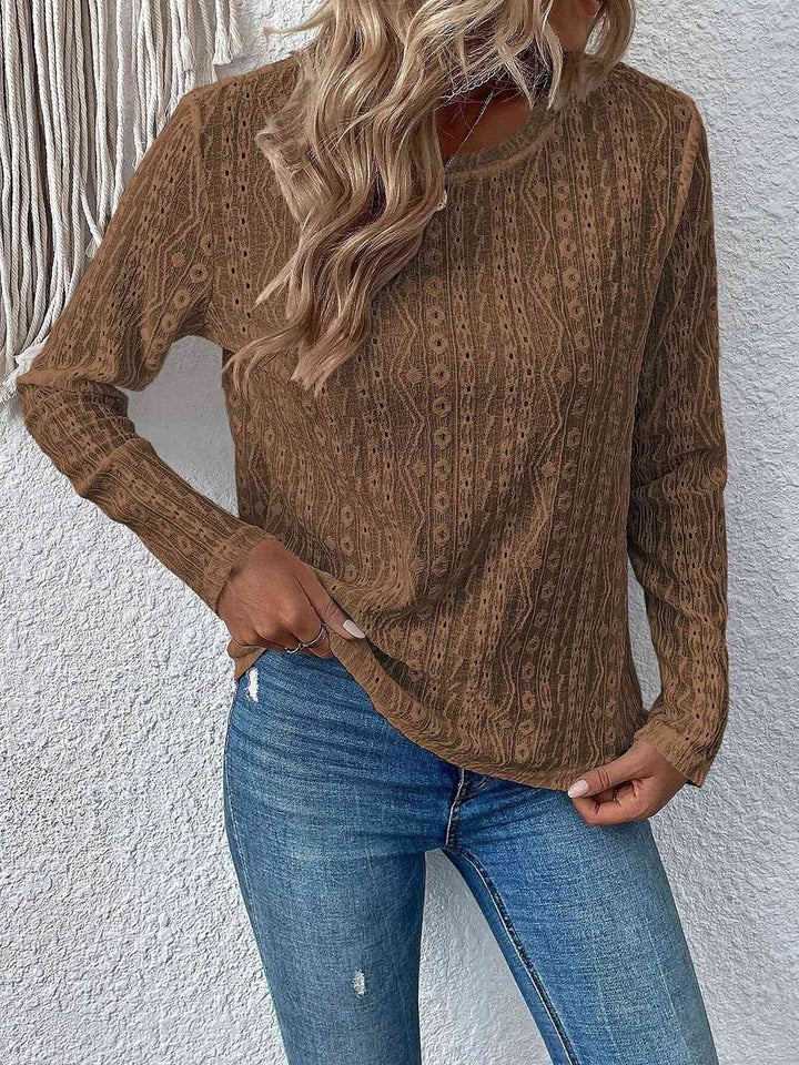 Eyelet Round Neck Long Sleeve Top | 1mrk.com