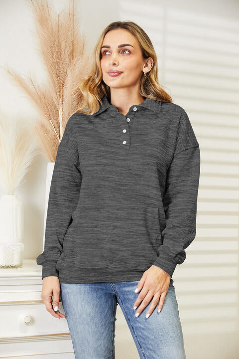 Ninexis Full Size Quarter-Button Collared Sweatshirt |1mrk.com