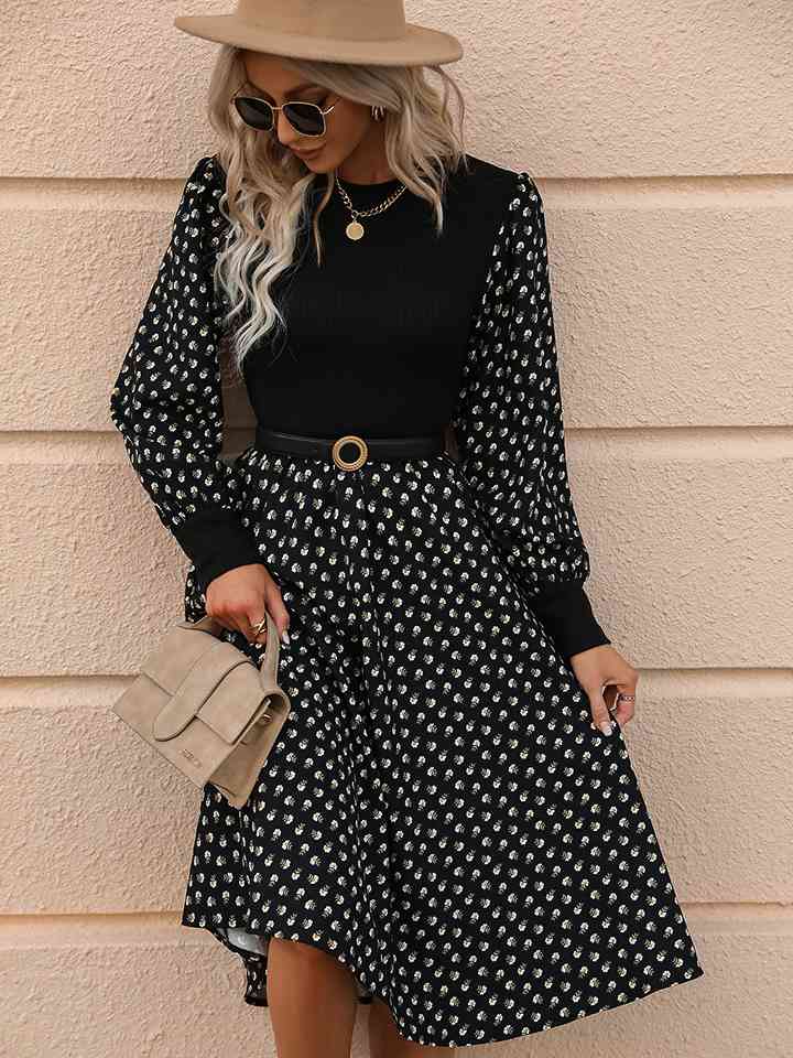 Printed Round Neck Long Sleeve Dress | 1mrk.com