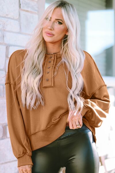 Exposed Seam Half Button Long Sleeve Sweatshirt |1mrk.com