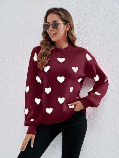 Heart Round Neck Dropped Shoulder Sweater |1mrk.com