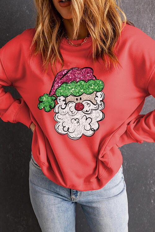 Santa Graphic Round Neck Long Sleeve Sweatshirt |1mrk.com