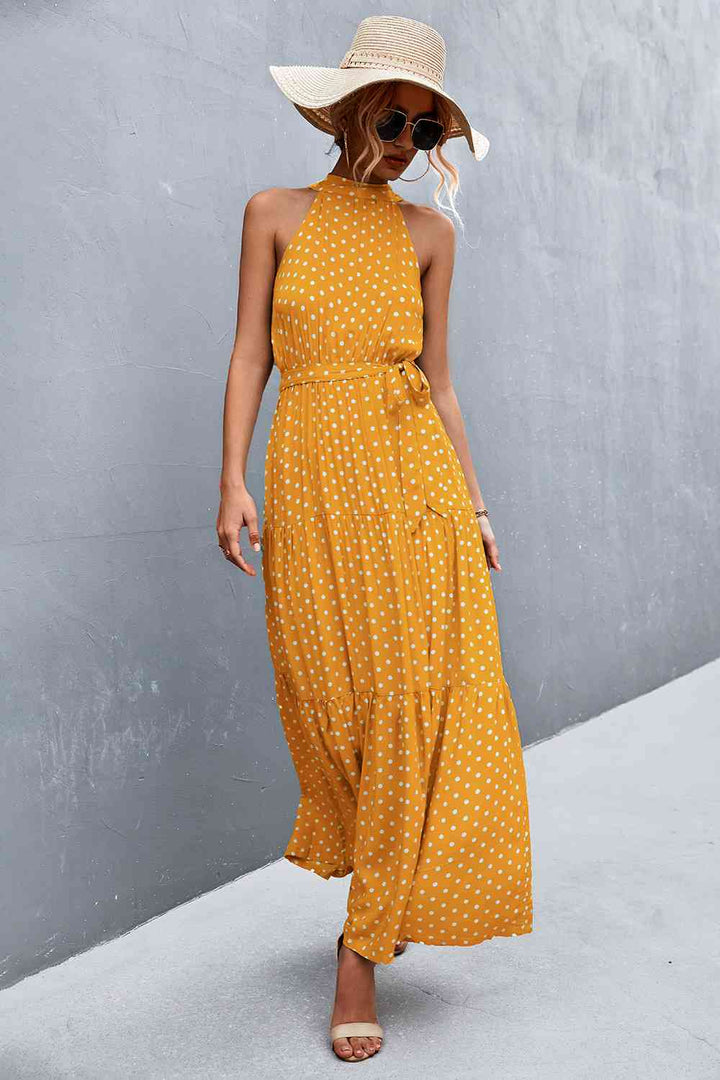 Printed Sleeveless Tie Waist Maxi Dress |1mrk.com