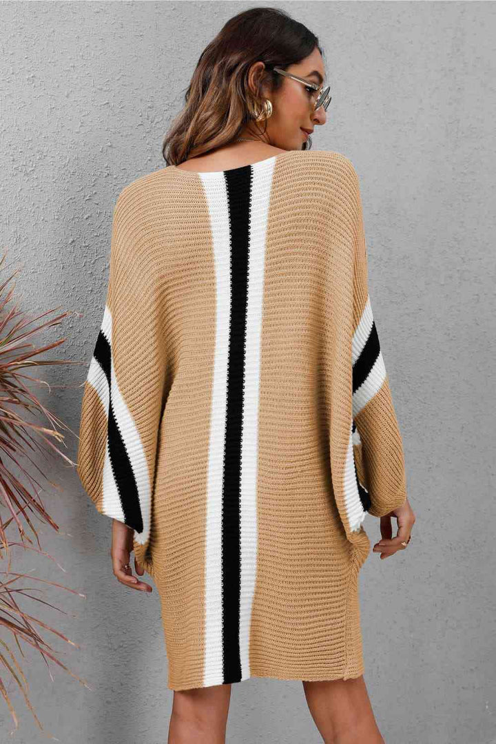 Ribbed Round Neck Long Sleeve Sweater Dress | 1mrk.com