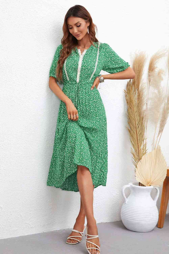 Printed Drawstring Waist Notched Neck Dress |1mrk.com