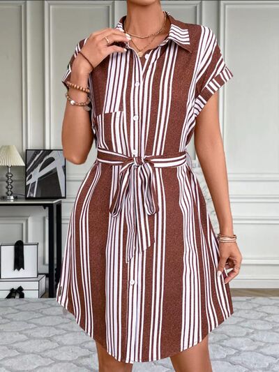 Striped Button Up Tie Waist Mini Dress |1mrk.com