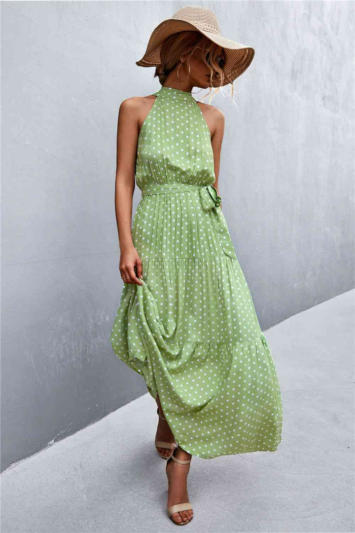 Printed Sleeveless Tie Waist Maxi Dress |1mrk.com