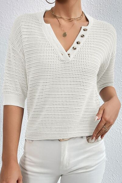 Openwork Half Button Dropped Shoulder Knit Top |1mrk.com