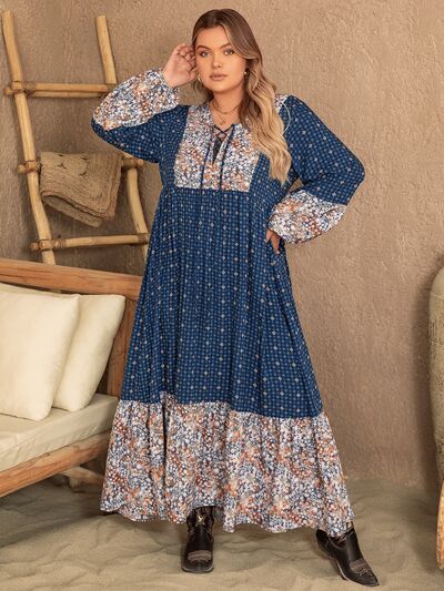 Plus Size Printed Balloon Sleeve Maxi Dress |1mrk.com