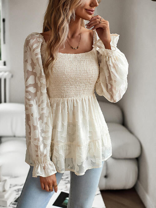 Smocked Flounce Sleeve Peplum Blouse | 1mrk.com