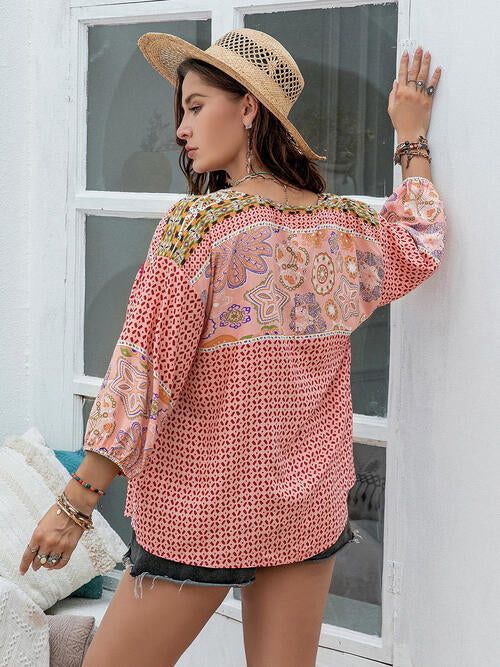 Plus Size Printed Tie Neck Balloon Sleeve Blouse |1mrk.com