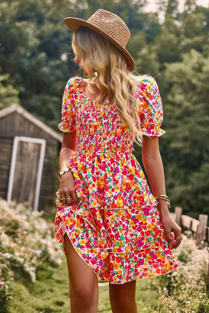 Smocked Sweetheart Neck Flounce Sleeve Mini Dress |1mrk.com