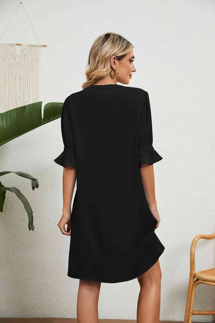 Notched Neck Flounce Sleeve Dress |1mrk.com