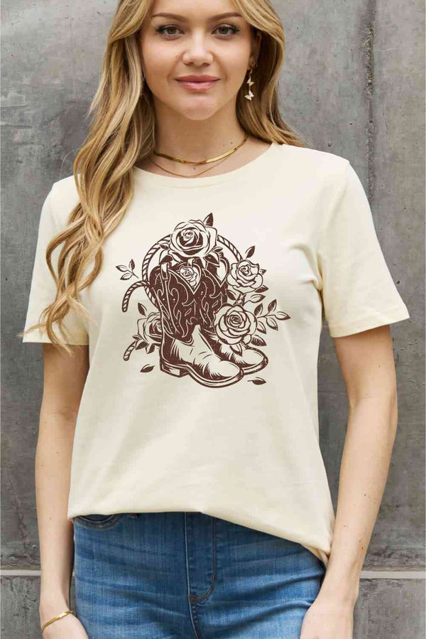 Simply Love Full Size Cowboy Boots Flower Graphic Cotton Tee | 1mrk.com