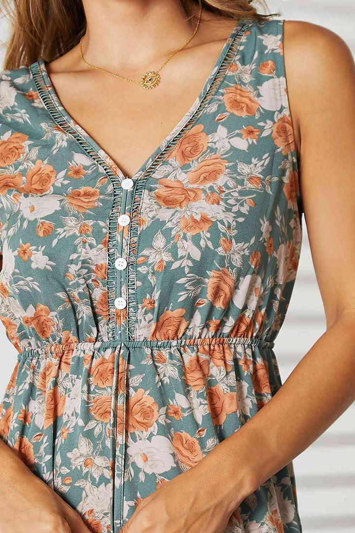 Double Take Floral V-Neck Tiered Sleeveless Dress | 1mrk.com