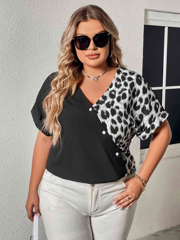 Plus Size Leopard Print Buttoned Surplice Neck Tee | 1mrk.com