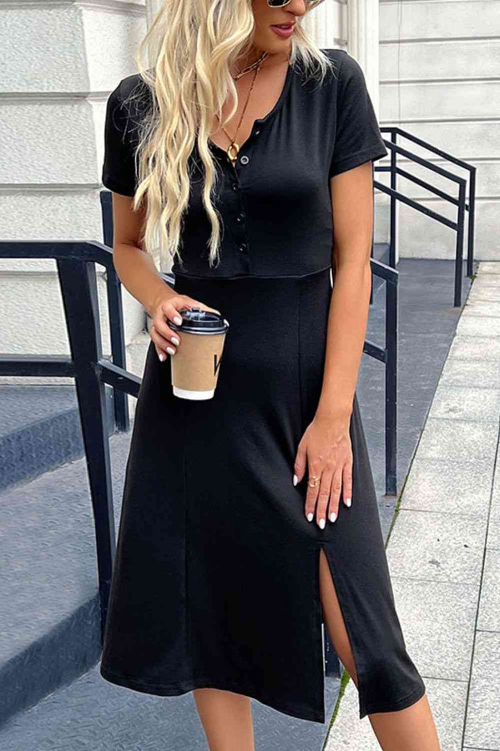 Buttoned Short Sleeve Slit Dress |1mrk.com