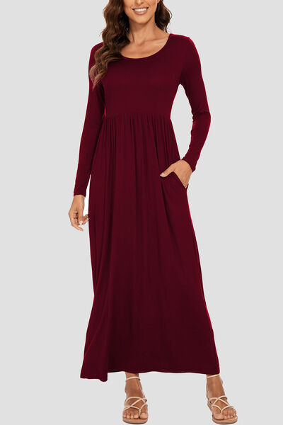 Round Neck Long Sleeve Pocketed Maxi Dress |1mrk.com