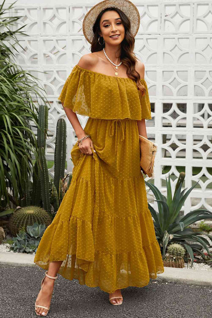 Swiss Dot Off-Shoulder Tiered Maxi Dress |1mrk.com