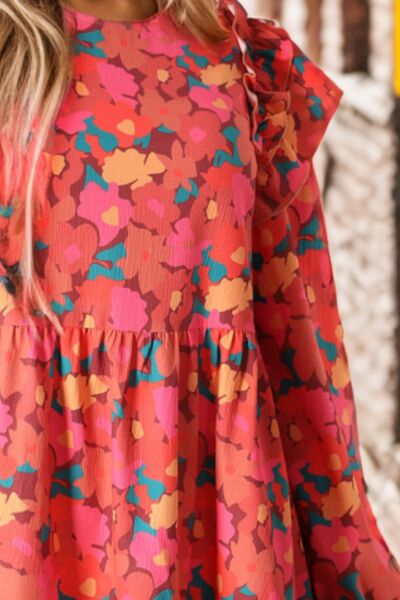 Printed Ruffle Trim Balloon Sleeve Tiered Dress |1mrk.com