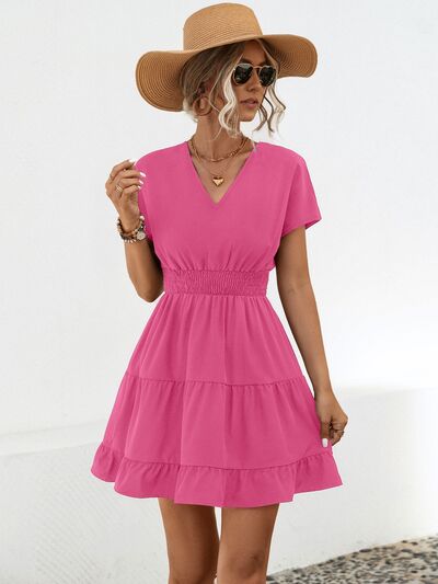 Ruffled Smocked V-Neck Tiered Dress |1mrk.com