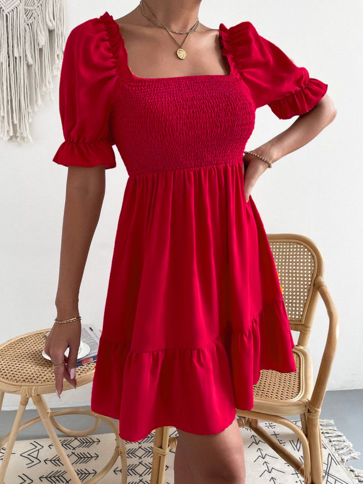 Smocked Square Neck Short Sleeve Dress | Trendsi