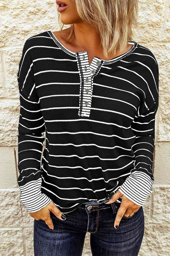 Striped Waffle Knit Henley Long Sleeve Top | 1mrk.com