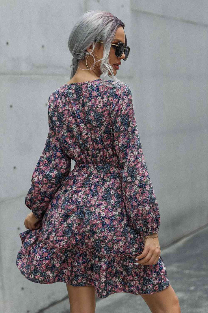 Floral Print Tie Waist Surplice Neck Mini Dress |1mrk.com