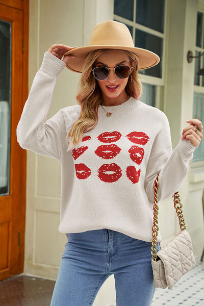 Contrast Lip Pattern Round Neck Slit Sweater |1mrk.com