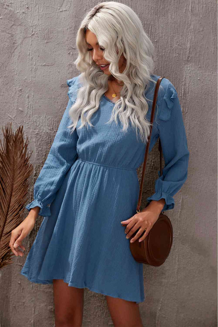 Ruffled V-Neck Flounce Sleeve Textured Dress |1mrk.com