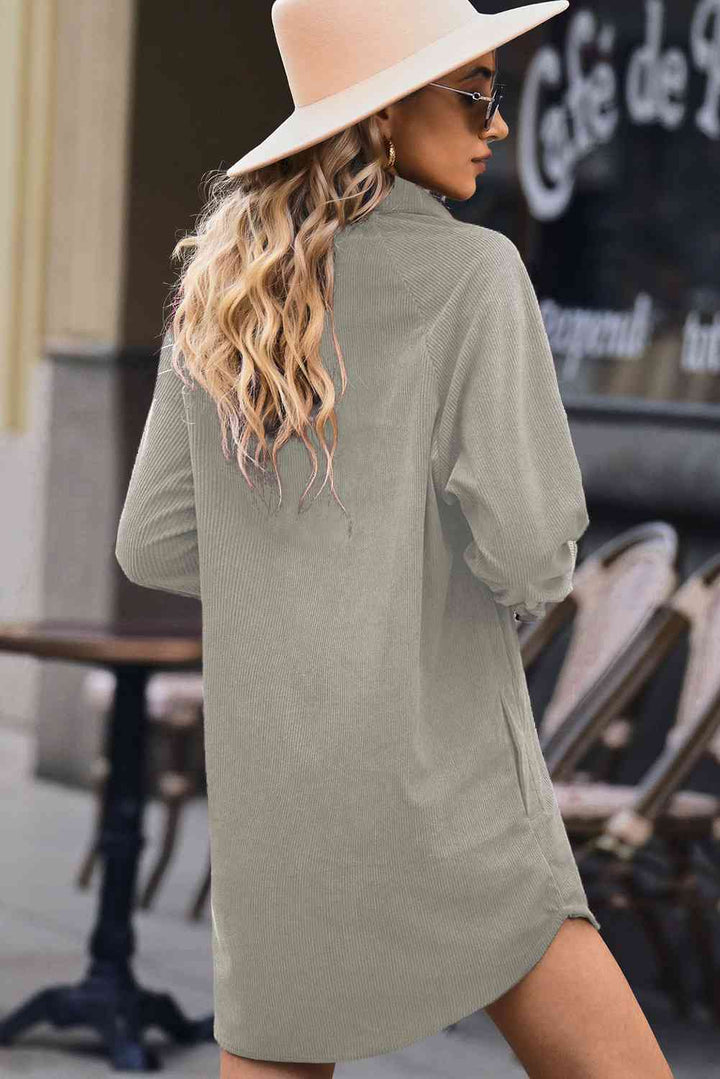 Button Front Curved Hem Raglan Sleeve Shirt Dress |1mrk.com