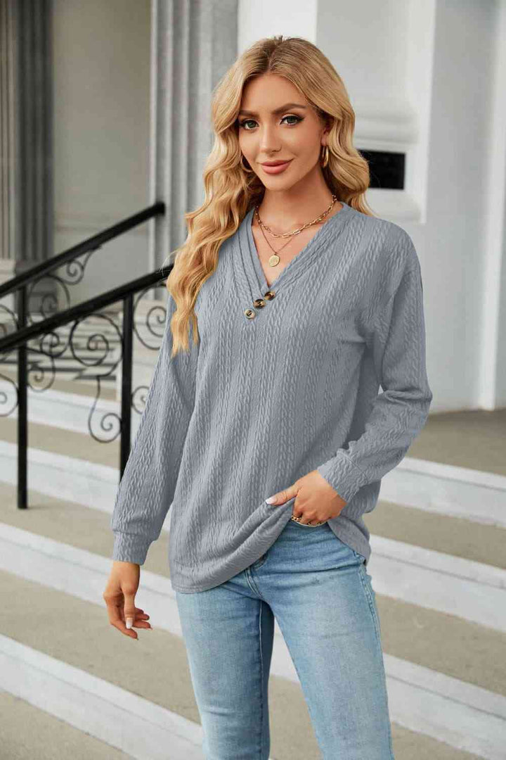 Decorative Button V-Neck Long Sleeve T-Shirt | 1mrk.com