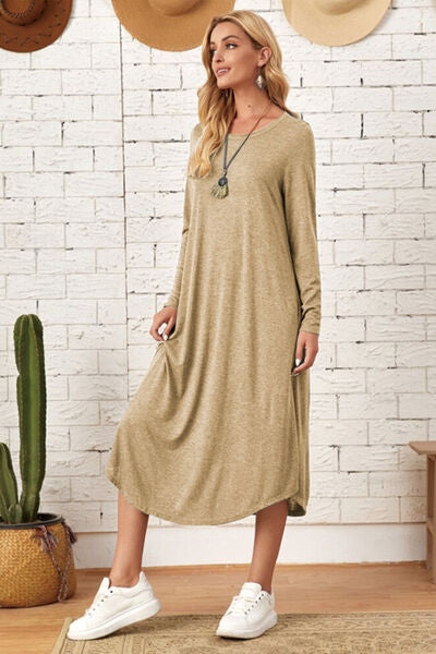 Pocketed Round Neck Long Sleeve Tee Dress | Trendsi