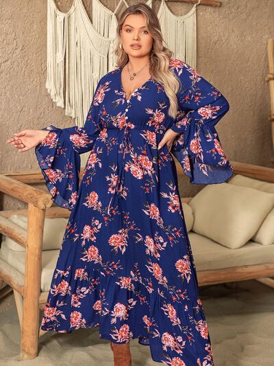 Plus Size Printed Half Button Flare Sleeve Dress |1mrk.com