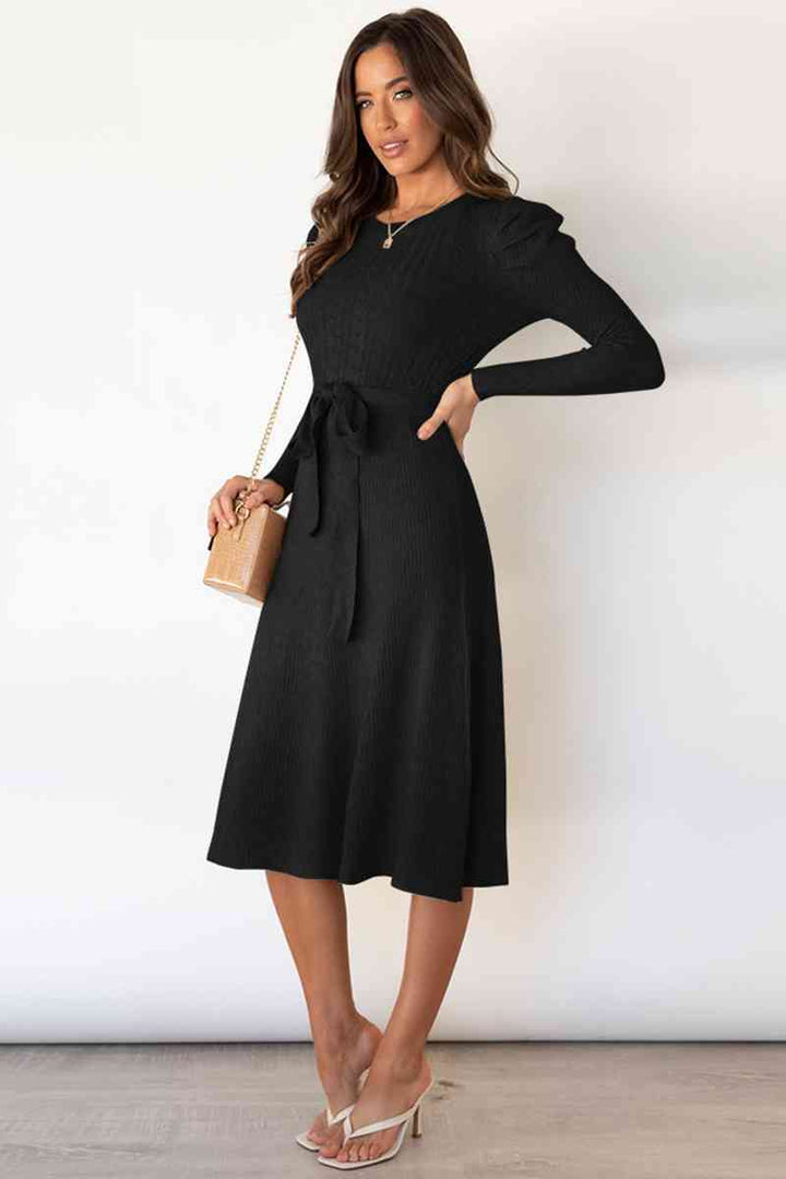 Round Neck Long Sleeve Tie Waist Sweater Dress | 1mrk.com