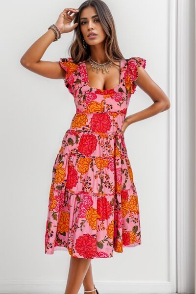 Ruffled Floral Square Neck Tiered Dress |1mrk.com