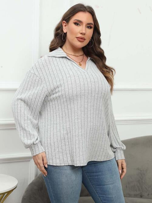 Plus Size Ribbed Collared Neck Long Sleeve Blouse | 1mrk.com