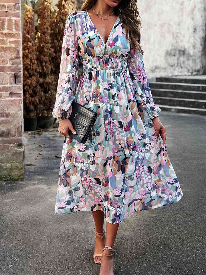 Printed V-Neck Long Sleeve Midi Dress |1mrk.com