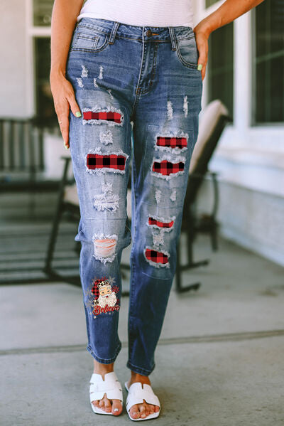 Plaid Distressed Jeans with Pockets |1mrk.com