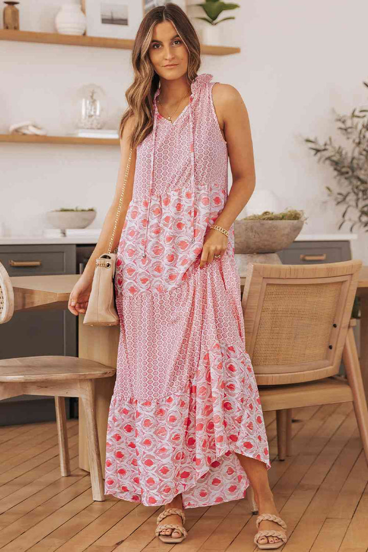 Mixed Print Tie-Neck Sleeveless Maxi Dress |1mrk.com