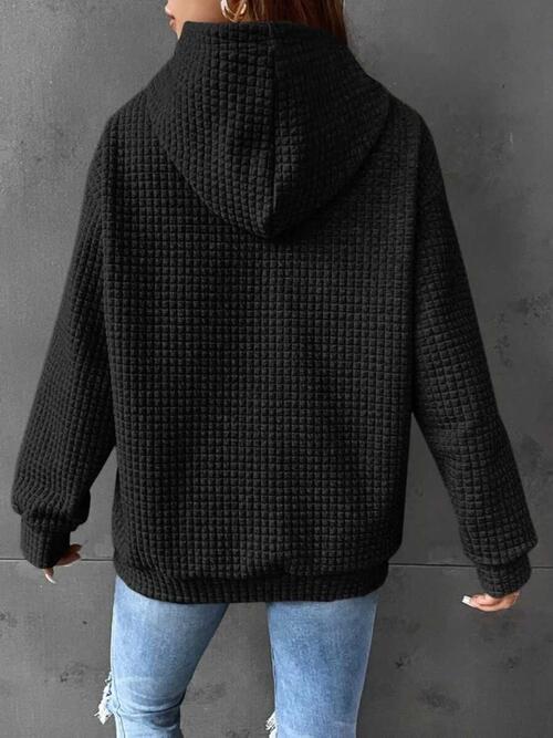 Full Size WHAT Graphic Waffle-Knit Long Sleeve Drawstring Hoodie | 1mrk.com