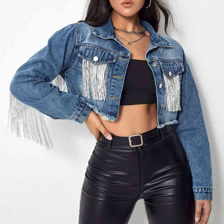 Fringe Detail Long Sleeve Cropped Denim Jacket | 1mrk.com