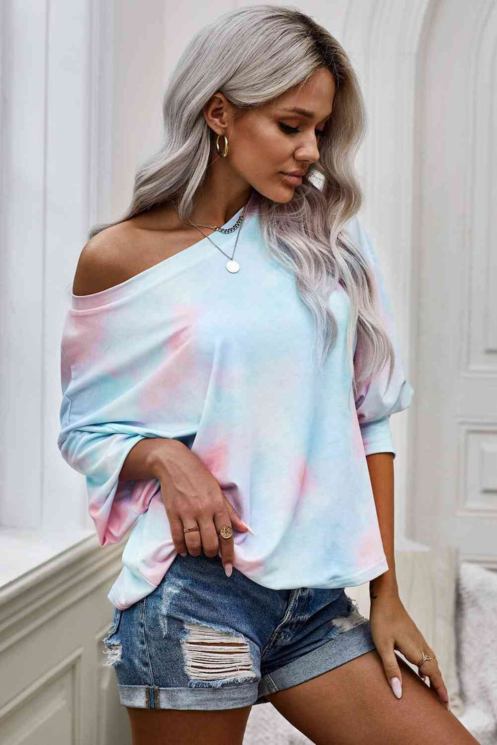 Tie-Dye Boat Neck Batwing Sleeve Tee |1mrk.com