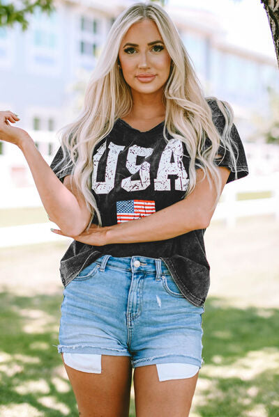 USA Cutout Round Neck Short Sleeve T-Shirt | Trendsi