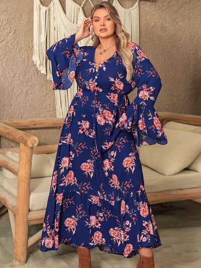 Plus Size Printed Half Button Flare Sleeve Dress |1mrk.com