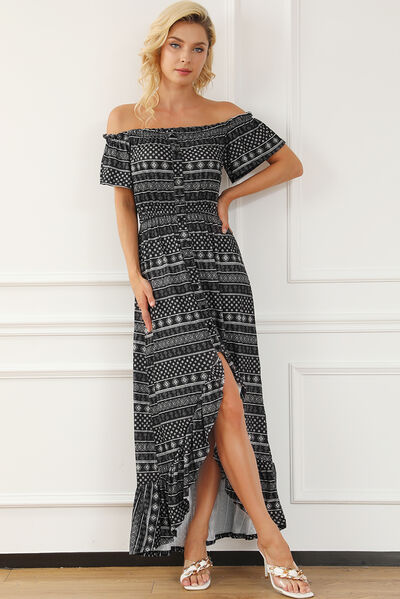 Smocked Off-Shoulder Ruffle Hem Dress |1mrk.com