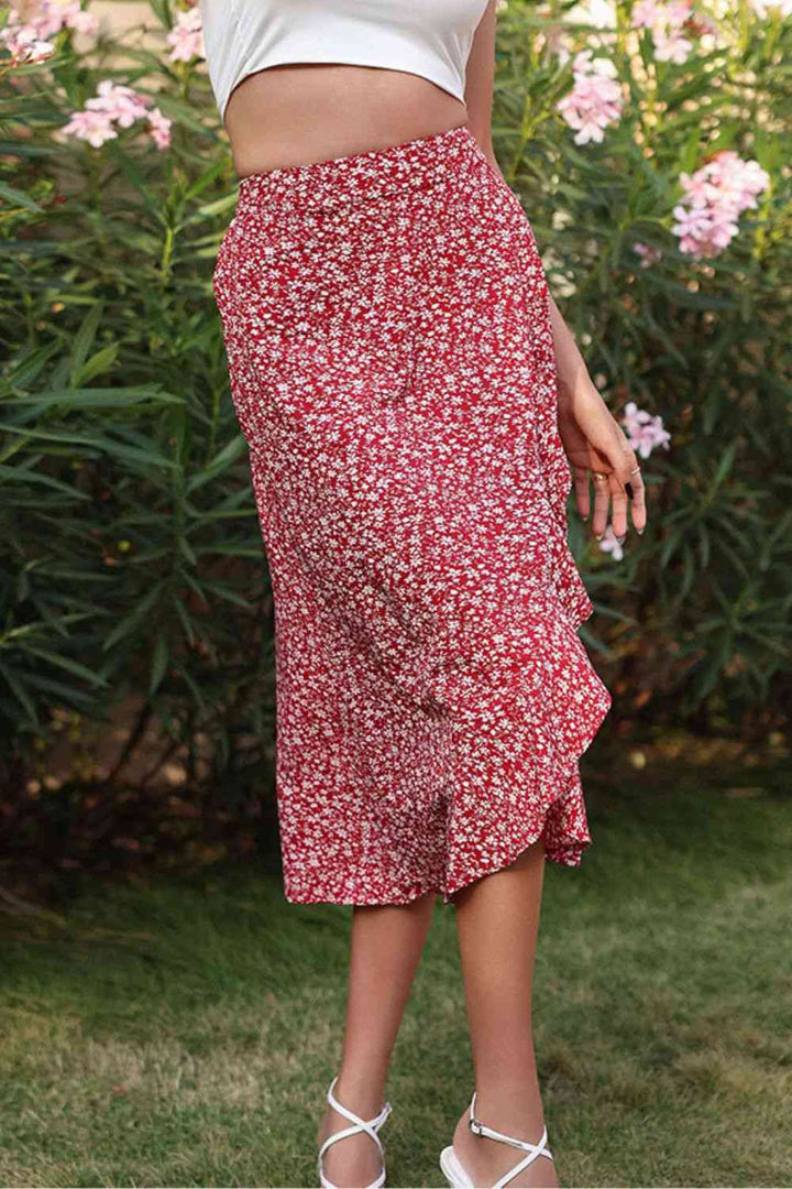 Ditsy Floral Asymmetrical Ruffled Skirt |1mrk.com