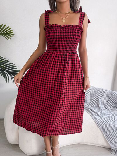 Frill Plaid Square Neck Midi Dress |1mrk.com