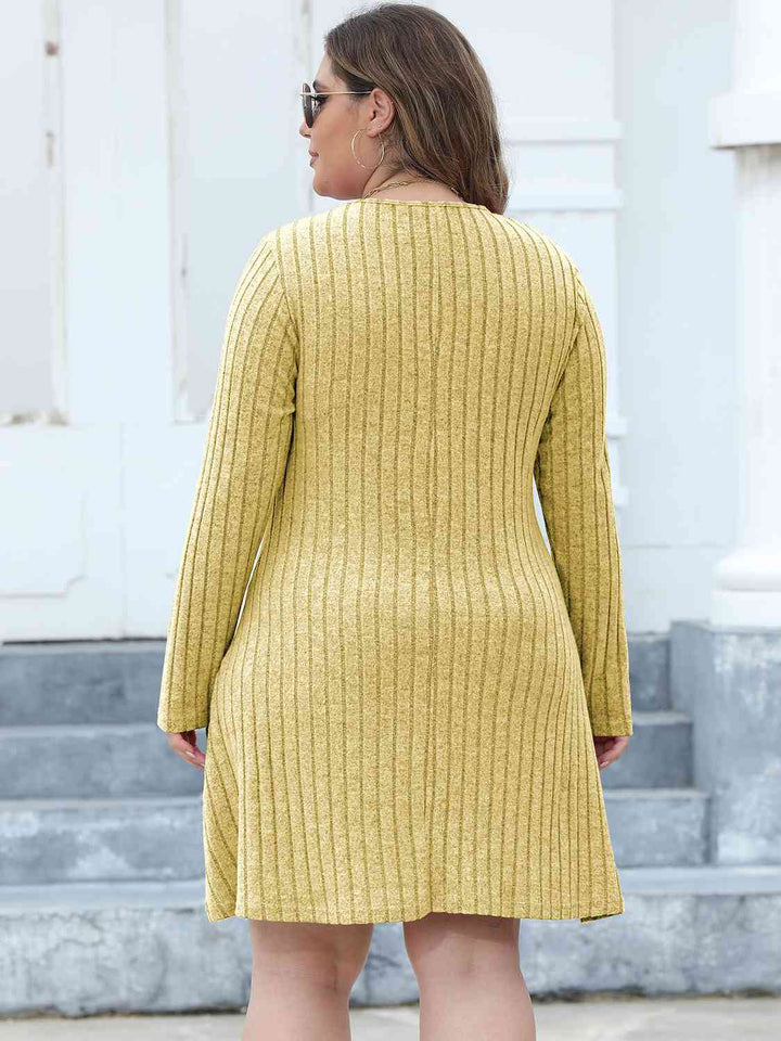 Plus Size Ribbed Buttoned V-Neck Long Sleeve Dress |1mrk.com