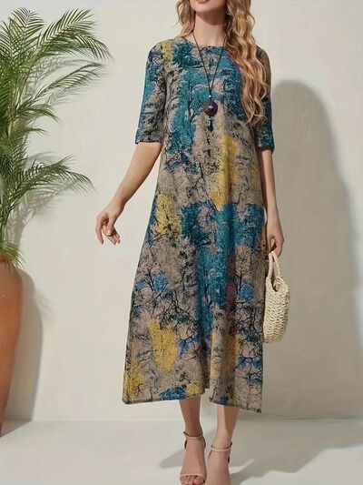 Full Size Printed Half Sleeve Midi Dress |1mrk.com